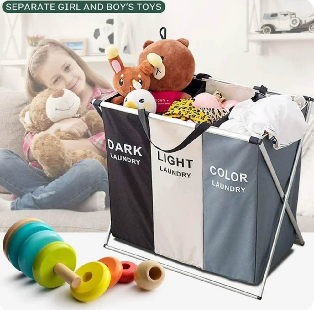 Keenstone Laundry Basket, 135L 3-Compartment Collapsible Waterproof Closes Sorter, Durable Fabric Basket for Home & Dorm Room