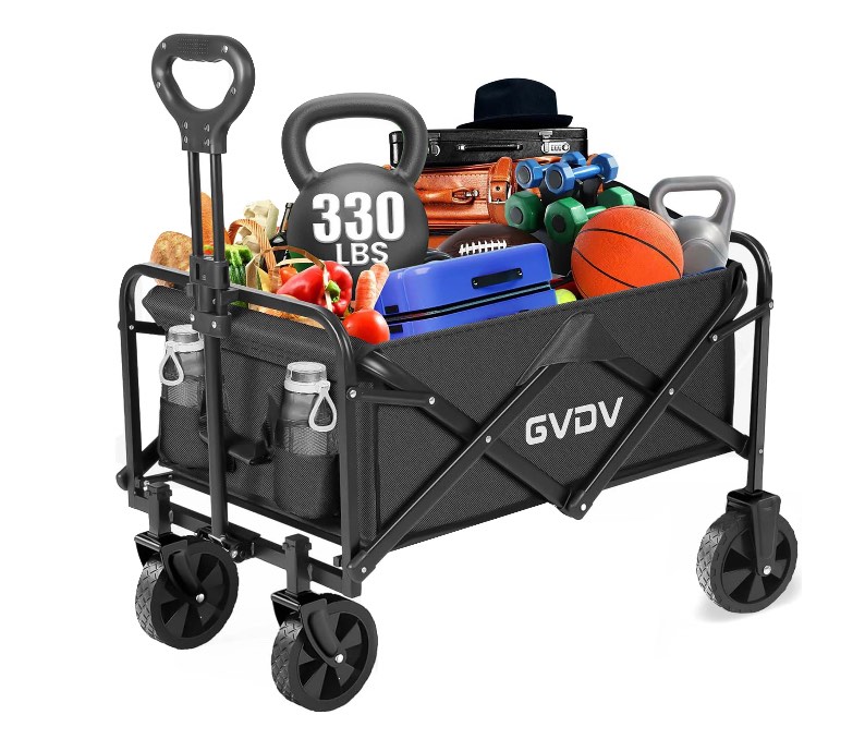 GVDV Collapsible Wagon Cart, Portable Utility Wagon for Camping, Beach, Picnic, Shopping, Sports, and Grocery Transport, Black