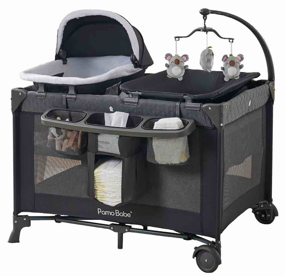 Pamo Babe Unisex Nursery Center Playard with Bassinet & Changing Table for Newborn,Grey