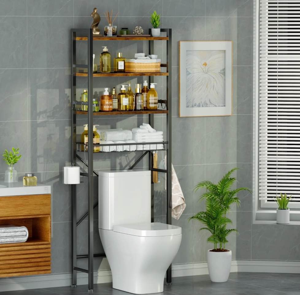 Capri Over The Toilet Storage Shelf, 4-Tier Freestanding Bathroom Organizers and Storage, above Toilet Space Saver Rack with Adjustable Shelves, Toilet Paper Holder and 9-Hooks, Rustic Brown