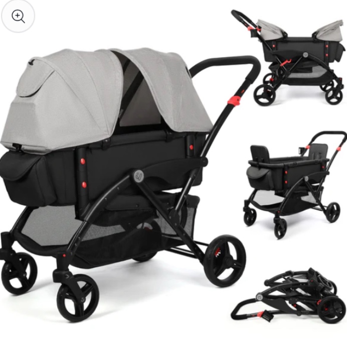 Vomeast Wagon Stroller with Canopy, 2-Seat Stroller Wagon for Kids, 5-Point Harness, Foldable, Gray & Black