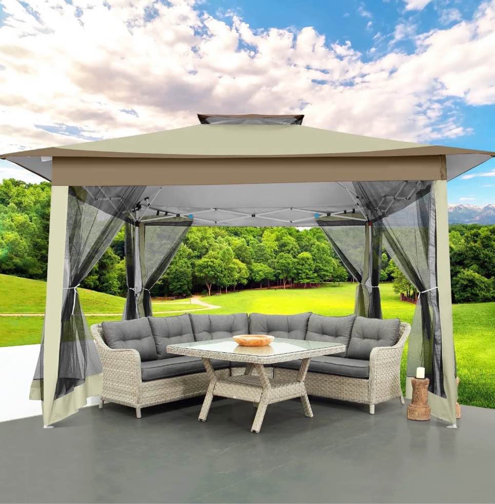 COBIZI 12x12 Outdoor Gazebo Pop Up Gazebo Canopy with Mosquito Netting Patio Tent Backyard Canopy with 2-Tiered Vented Top 3 Adjustable Height, Beige