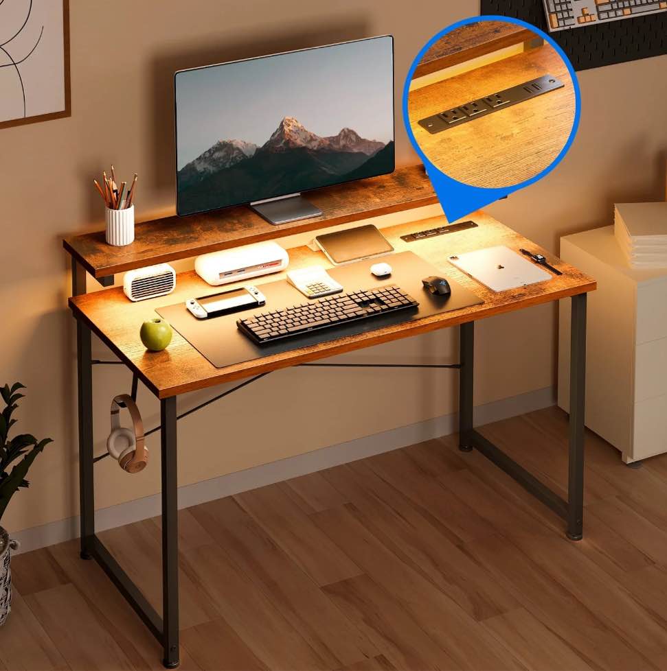 Casacomoda 48 inch Computer Desk with Monitor Stand, Home Office Desk with Charging Station & LED Light, Simple Modern Style Laptop Desk for Small Space, Vintage