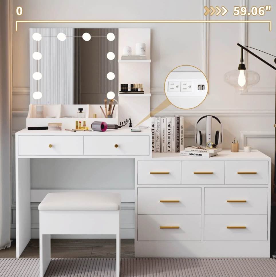 Ktaxon Makeup Vanity with 9 Drawers&USB Charging Station, Vanity Desk with 3 Color Light, Vanity Table Set w/ 9 Drawer Dresser, White