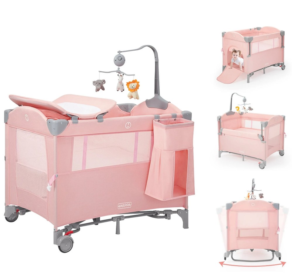 HARPPA 5 in 1 Portable Playard and Bassinet for Girl from Newborn to Toddler, Easy Folding, Pink