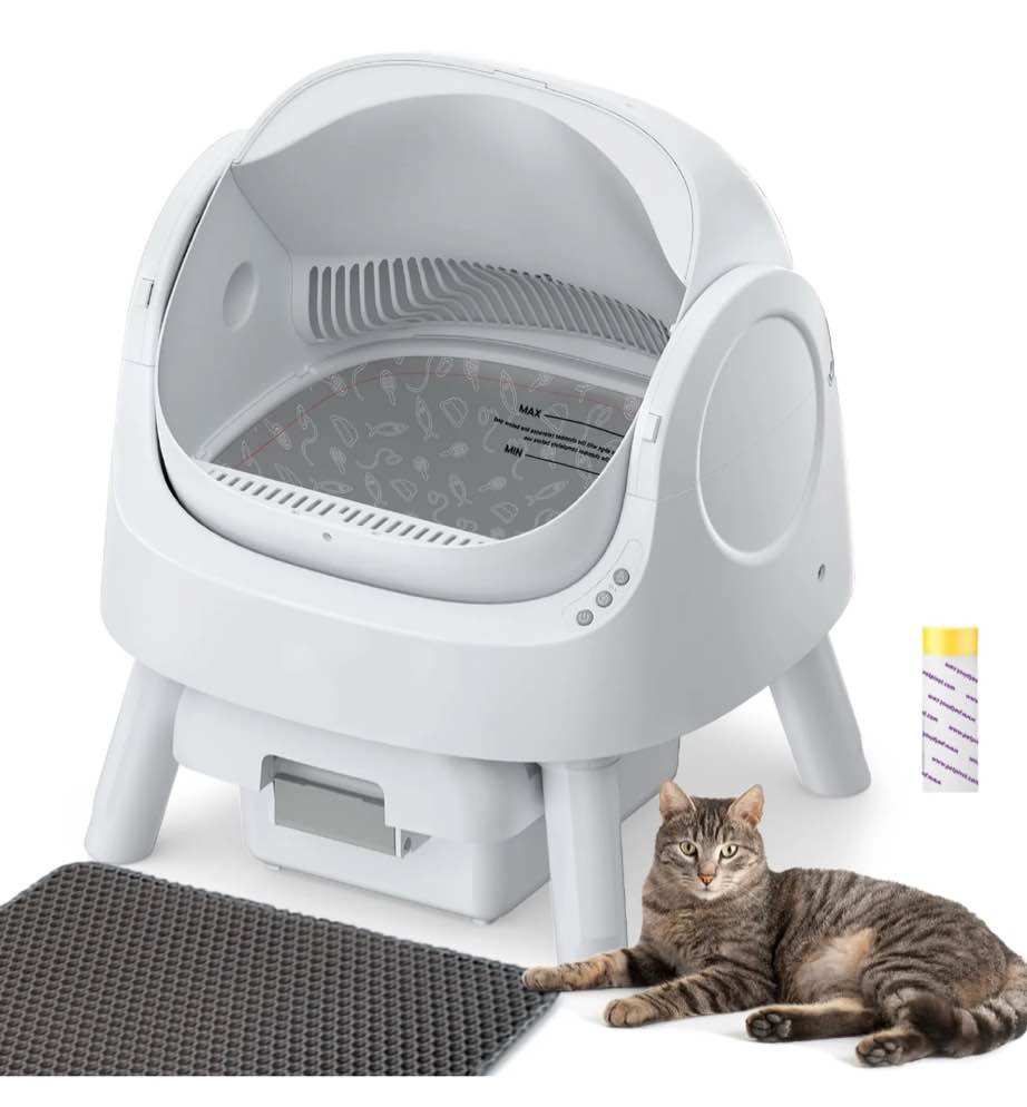Rawrose Large Open-Top Automatic Cat Litter Box Self Cleaning with Safety Protection, Mat and Trash Bags Included, White