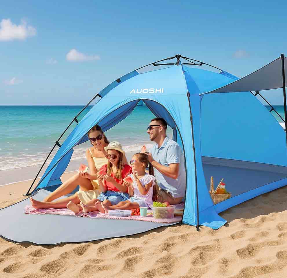 auoshi beach tent for 4-6 person, pop up portable sun shelter with canopy, upf 50+ uv protection, extendable floor, easy setup waterproof  for family camping hiking beach outdoor adventures