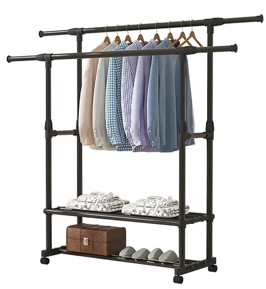SUSUZI Portable Clothing Garment Rack,  Adjustable Double Rails Clothes Rack with 4 Wheels Rolling Clothes Organizer, Black