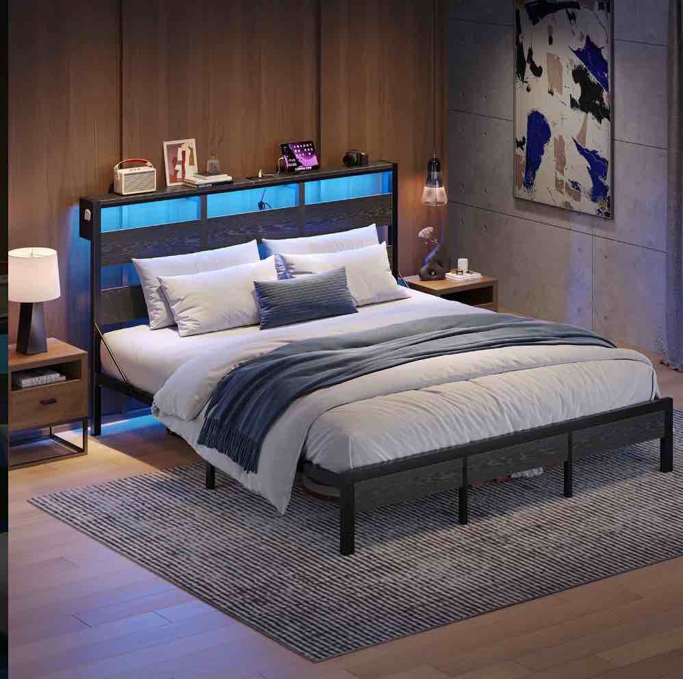 Bestier King Size Platform Bed Frame with Storage Headboard, LED Lights & USB Charging Station, Metal Bed Frame Black