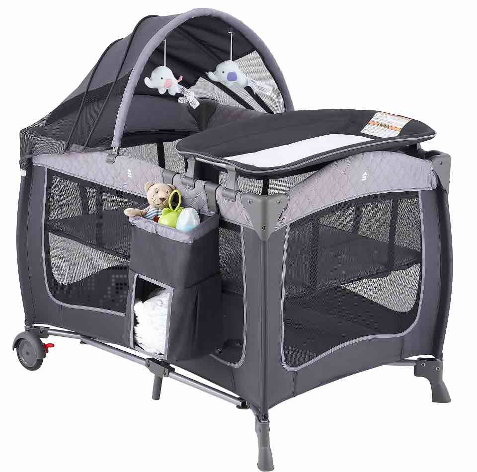 Pamo Babe Unisex Portable Baby Play Yard Include Wheels, Canopy, Changing Table for Newborn(Grey)