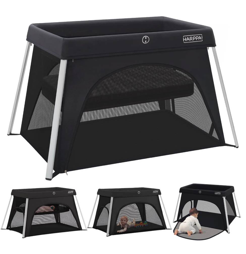 HARPPA Portable Travel Crib with Mattress, Foldable Playard for Baby and Toddler, 11lbs, Black