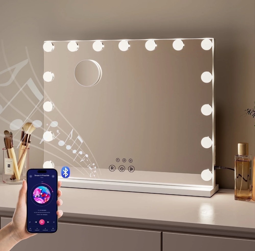 Kouse Vanity Makeup Mirror with Bluetooth Speaker, 15 LED Lights, 3 Color Modes, 10X Magnification, USB Charging