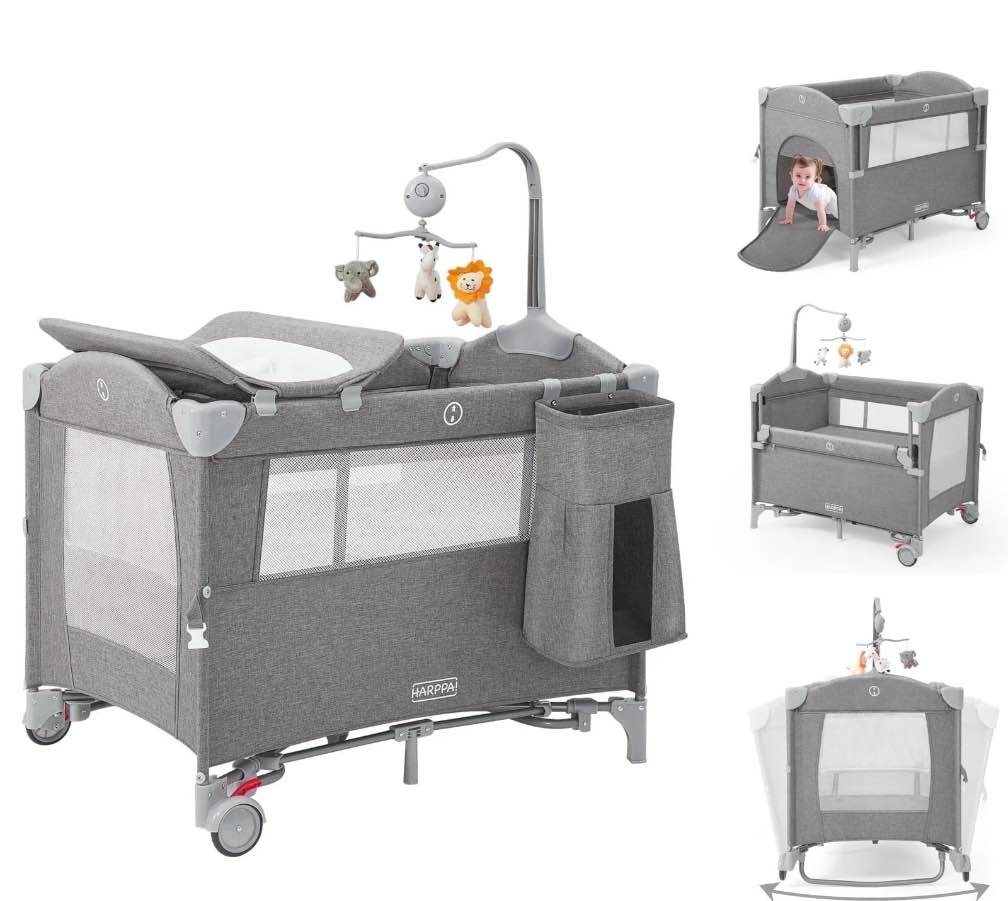 HARPPA 5 in 1 Portable Playard and Bassinet Bedside Sleeper for Newborn to Toddler, Unisex, Gray