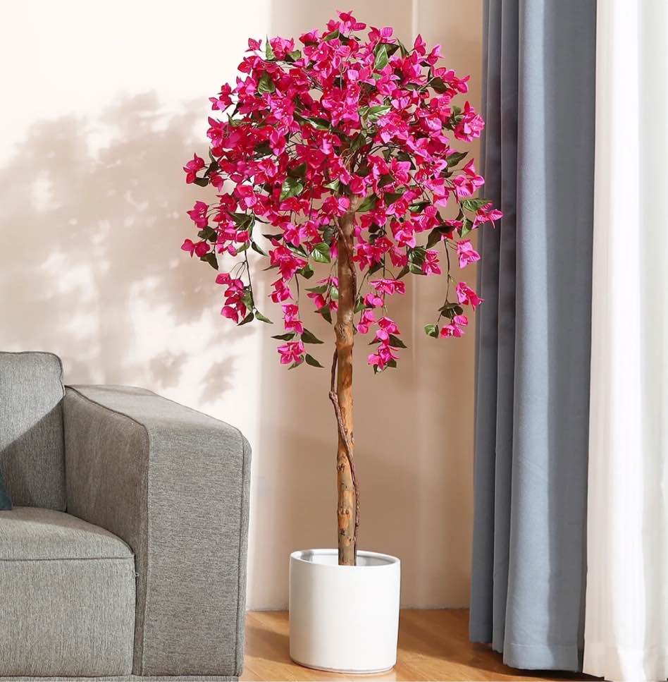 DR.Planzen 5 feet Artificial Bougainvillea Flowers Tree In Black Plastic Pot, Indoor Plants with Wood Trunk and Pink Flowers for Housewarming Decor
