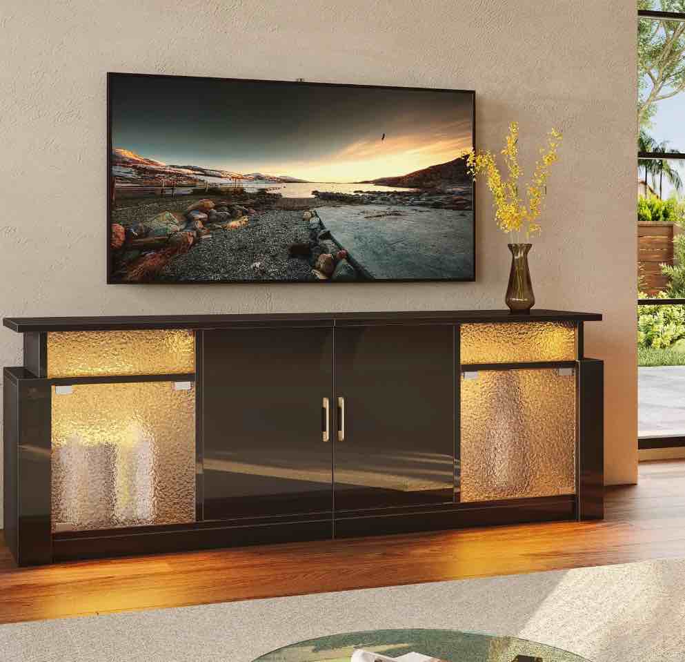 Bestier LED TV Stand Modern Entertainment Center for TVs up to 70" Media Console Table with Storage Cabinet, High Gloss Black