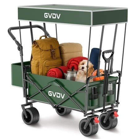 GVDV Collapsible Wagon Cart with Removable Canopy Foldable Utility Cart with All-terrain Wheels Versatile Folding Wagon for Kids Grocery Shopping