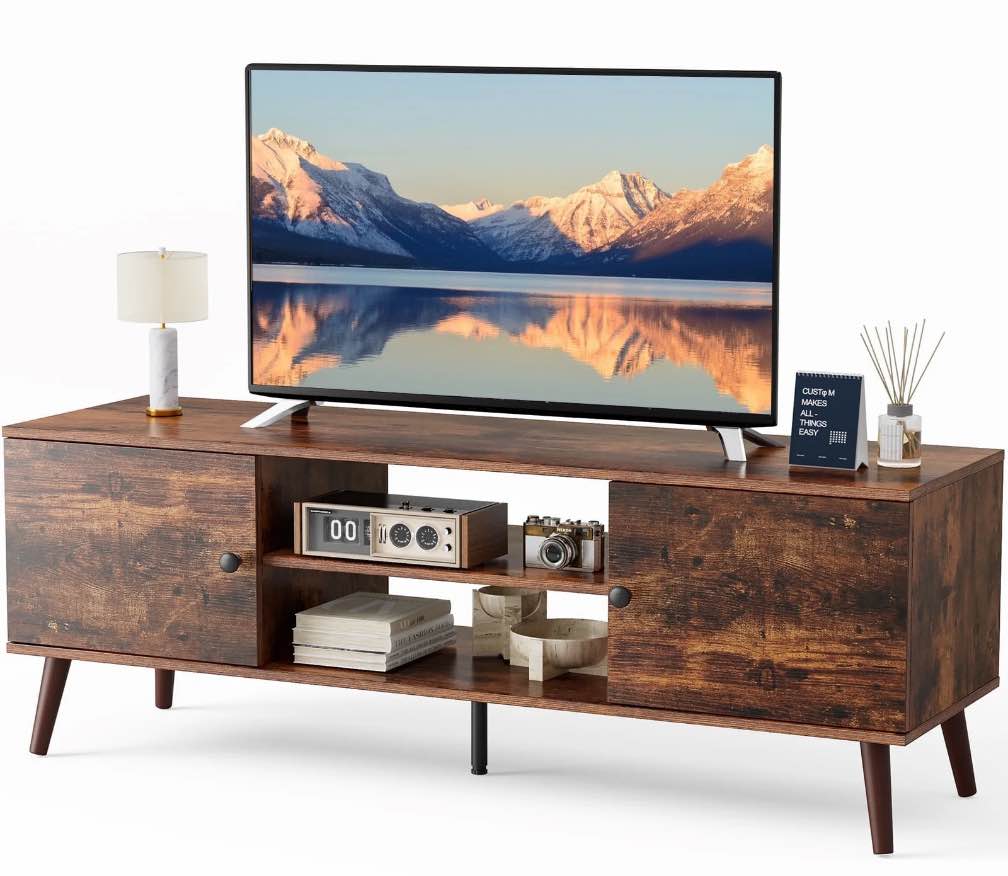 edx Modern TV Stand for 55-60 inch TV, Mid Century Entertainment Centre, Media Console Table with Storage for Living Room, Office, Brown