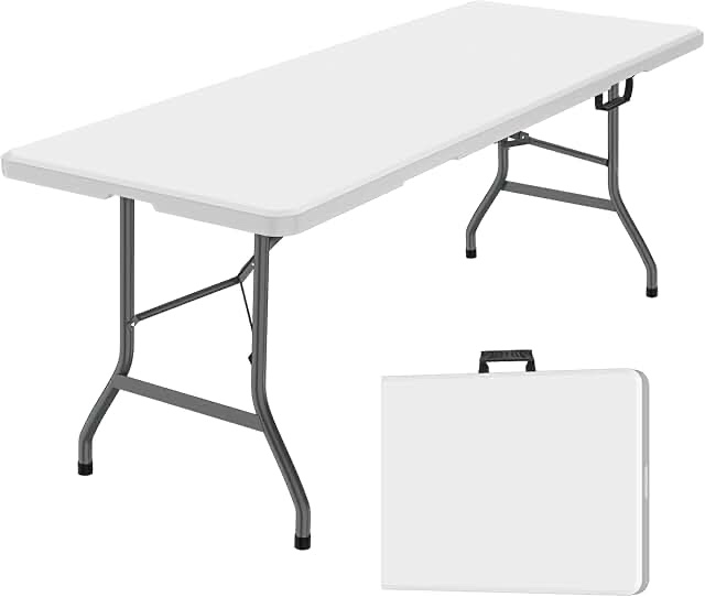 6FT Plastic Folding Table, Portable Picnic Table Outdoor and Indoor, Handle - White