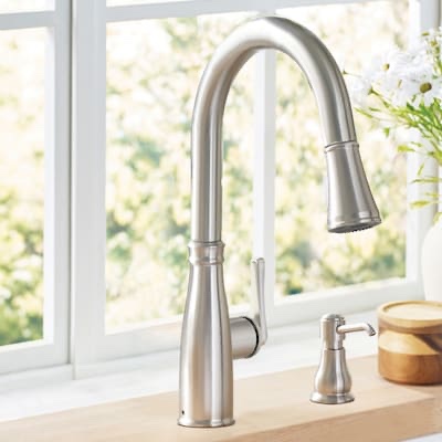 allen + roth Albers Spot Resist Stainless Single Handle Deck-mount Pull-down Kitchen Faucet with Sprayer ( Deck Plate Included ) (Soap Dispenser Included)