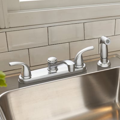 project source dover chrome double handle deck-mount kitchen faucet ( deck plate included ) ( side sprayer included )