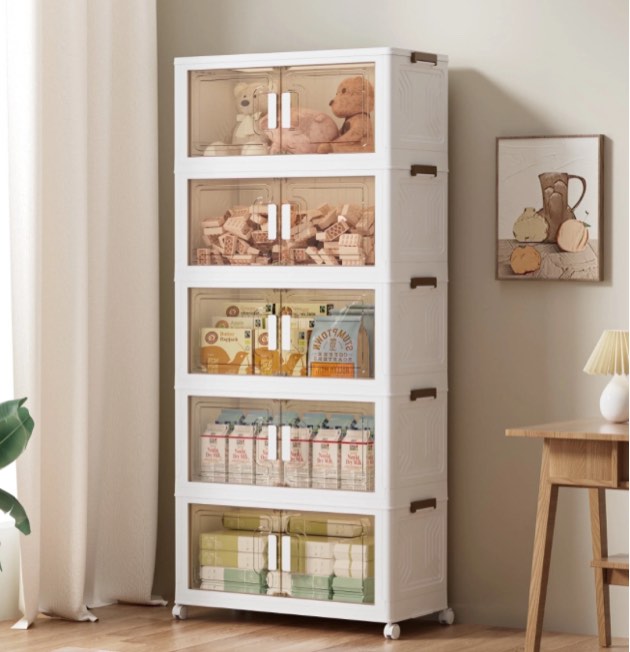 azullia 290qt stackable plastic collapsible storage bins with lids, wheels, doors, 5 pack