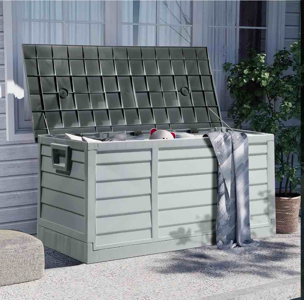 ktaxon collapsible 75gal outdoor garden plastic storage deck box easy set up,space saving,new generation of upgraded storage container,gray