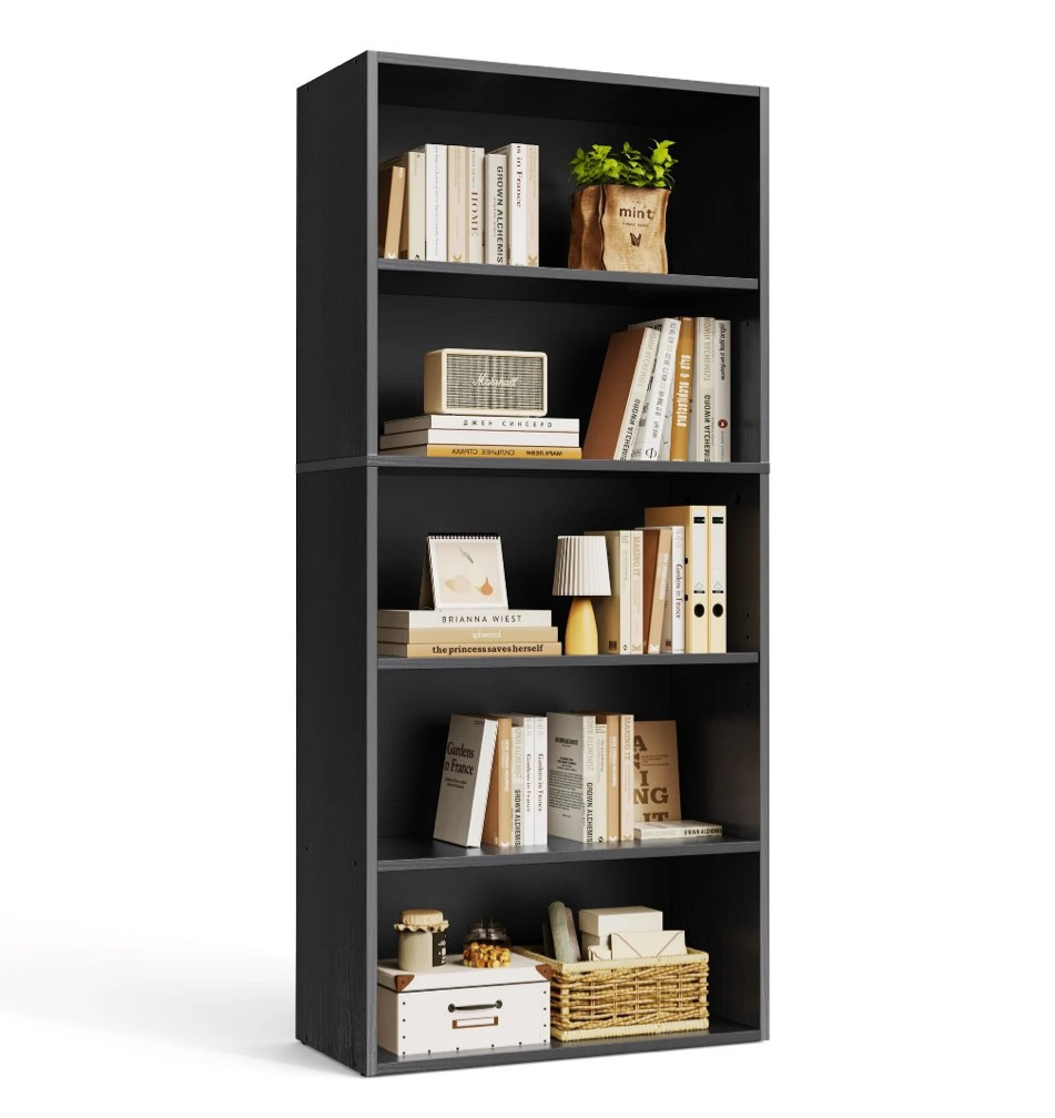 edx 5 tier bookcase storage, 53 inch large tall floor standing open bookshelf for home office, living room, and bedroom, black