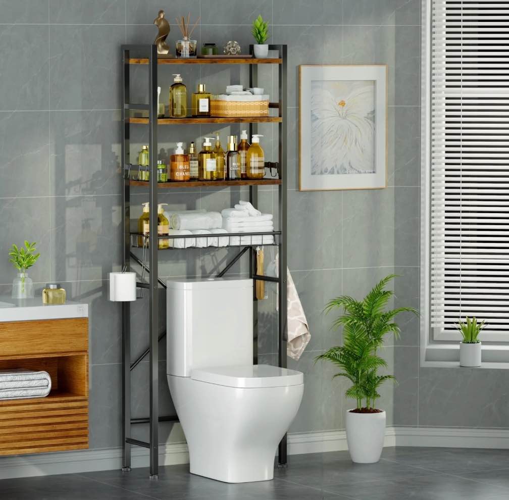 capri over the toilet storage shelf, 4-tier freestanding bathroom organizers and storage, above toilet space saver rack with adjustable shelves, toilet paper holder and 9-hooks, rustic brown
