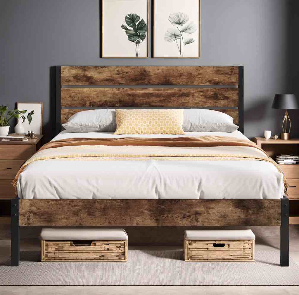 lifezone queen bed frame with rustic vintage wood headboard and footboard,metal support,rustic brown