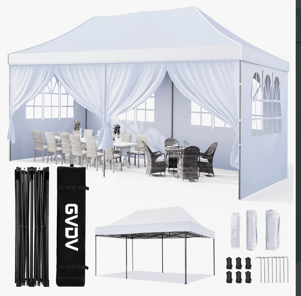 gvdv 10' x 20' pop up canopy tent party tent outdoor event instant tent gazebo with removable sidewalls and carry bag, white