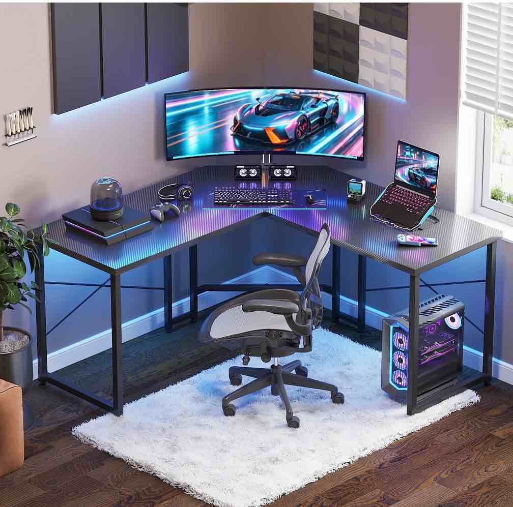 Casacomoda Computer Desk L Shaped, 51” Reversible L Shaped Computer Desk with Monitor Stand, Home Office Desk, Carbon Fiber Black