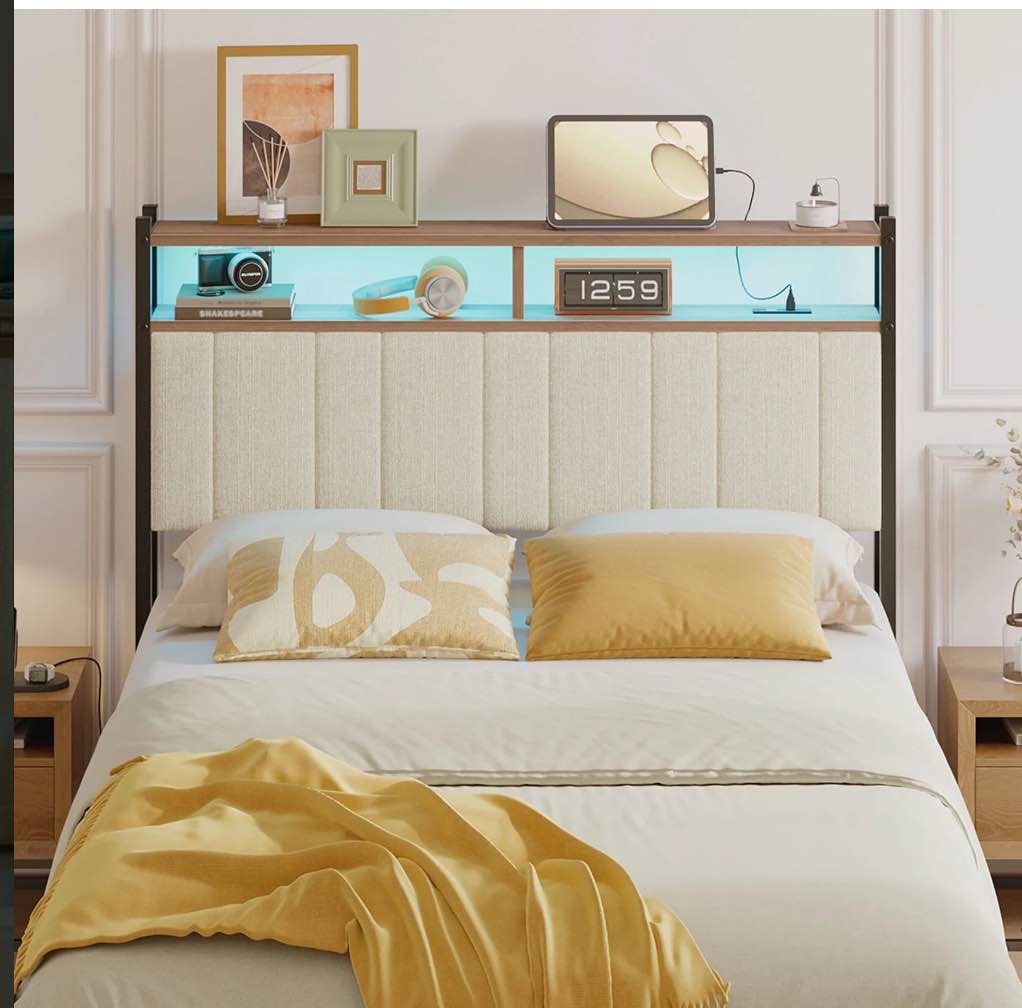 Pinmoco Upholstered Headboard for Full Bed with Storage, Linen Head Board with LED Light and Charging Station, Beige, Headboard Only