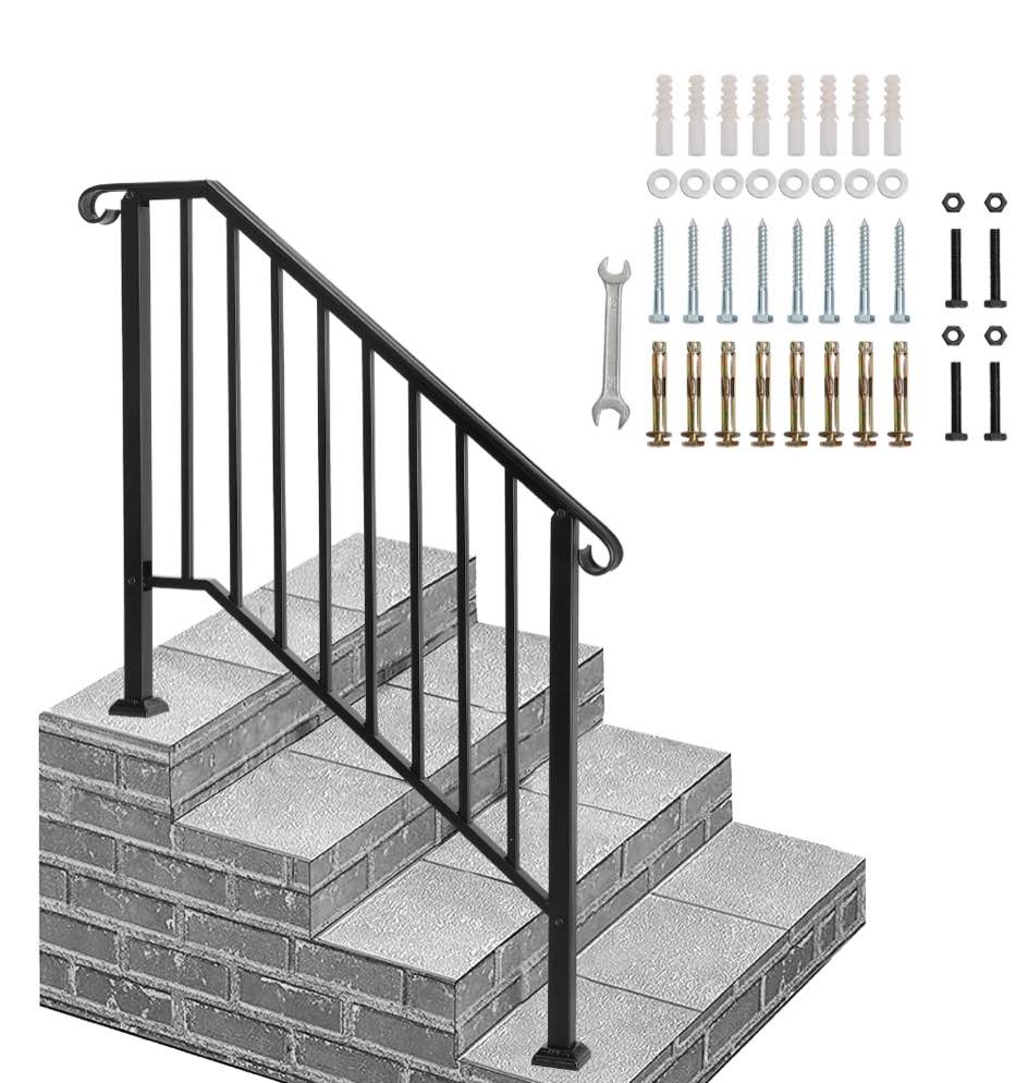Zimtown Outdoor Iron Handrail with Powder Coating for 3-4 Steps, Matte Black Finish
