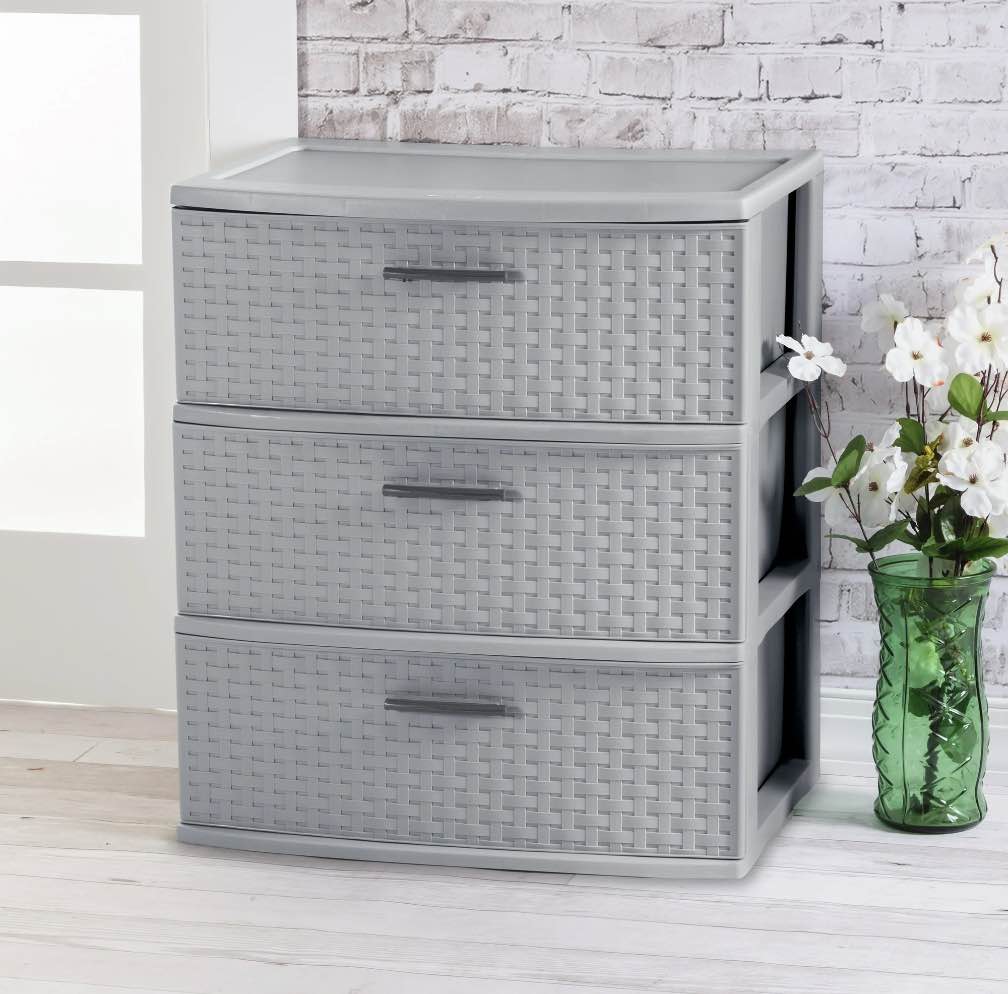 Sterilite 3 Drawer Wide Weave Tower, Plastic Décor Drawers with Pull Handles, Light Gray