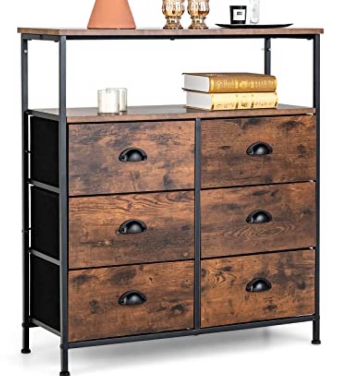 6-Drawer Dresser with Shelf, Fabric Dresser with Steel Frame and Wooden Top, Storage Tower Unit with Removable Drawers, Chest of Drawers for Bedroom, Closet, Living Room