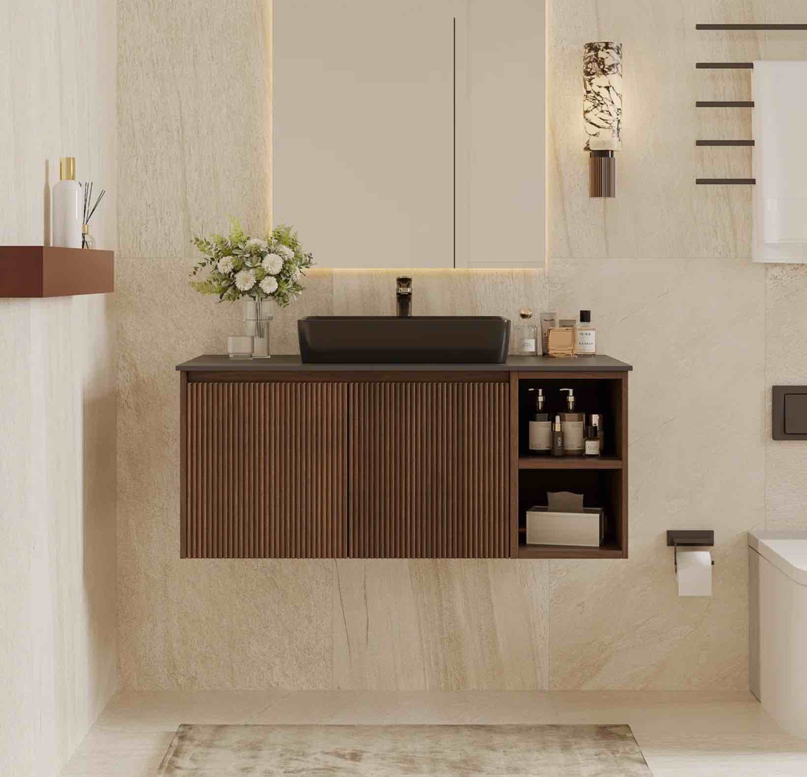 35.84" Single Bathroom Vanity with Stone Top, Brown Wood, Black Vessel