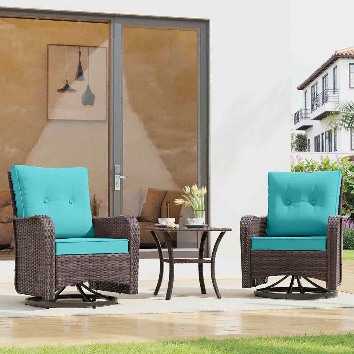 Imalai Outdoor Rocking Swivel Rattan Chair Set Removable Cushions & Coffee Table