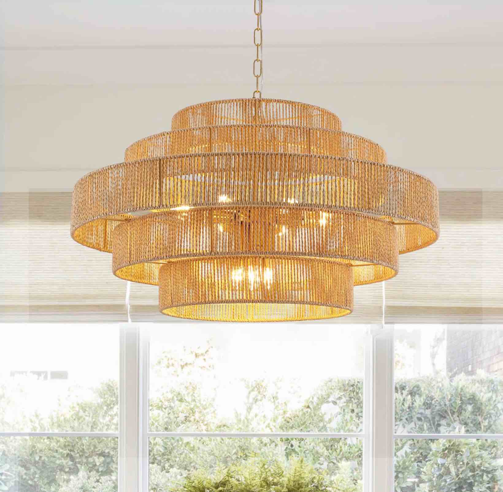 12 - Light Dimmable Hand-Woven Rattan Tiered Chandelier