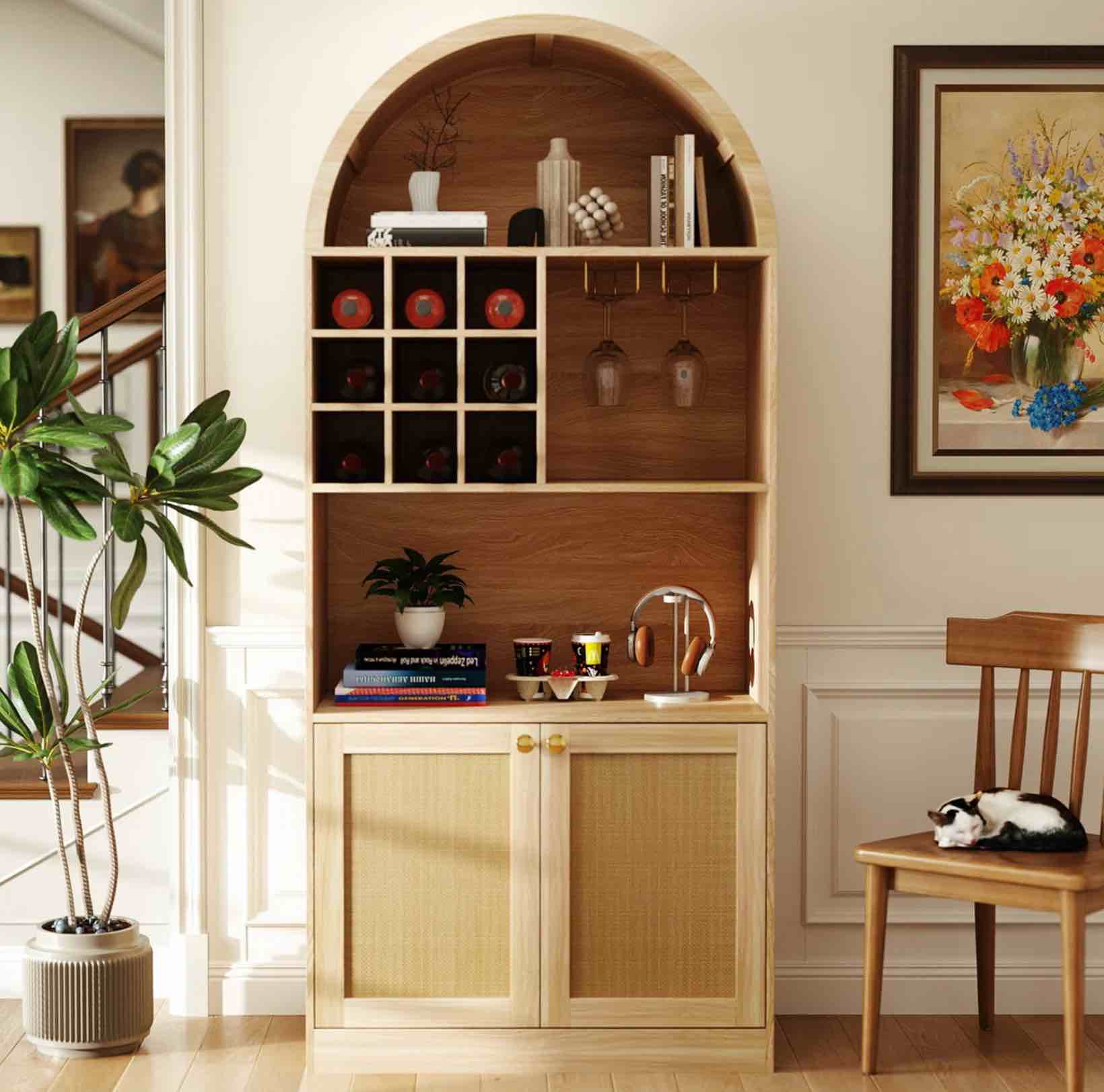 70.86" Height Arched Bar Cabinet With Wine Rack, Farmhouse Wine Cabinet With Rattan Cabinet And Open Shelves