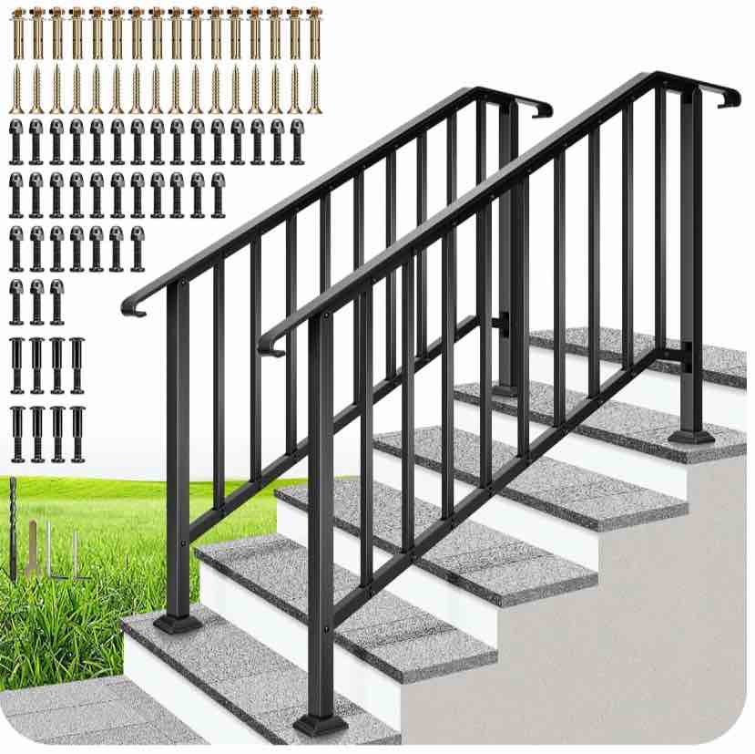 specstar 2-pack galvanized steel hand rails for outdoor steps – 54.1" curved ends and safety balusters exterior railing kit (5-step, black)