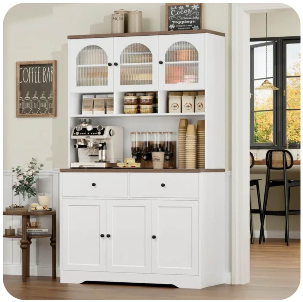 hiphuta 71"in modern kitchen pantry storage cabinet, freestanding kitchen hutch cabinet with adjustable shelves & microwave stand, modern coffee hutch for dining room, white