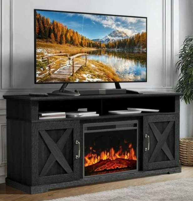 fireplace tv stand with fireplace for 75 inch tv farmhouse entertainment center with storage, black