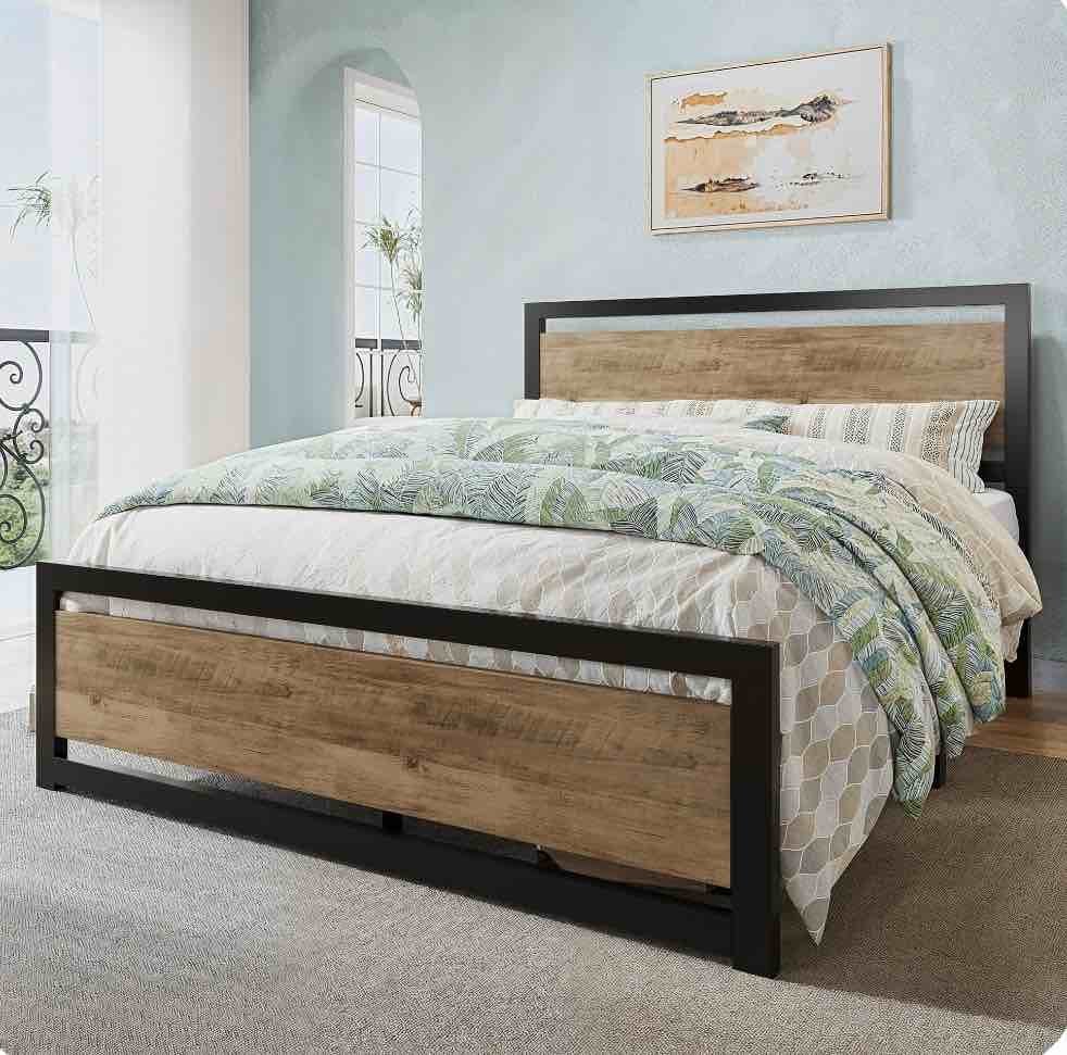allewie queen bed frame, metal platform bed frame with wooden headboard, 12.4" under-bed storage, brown
