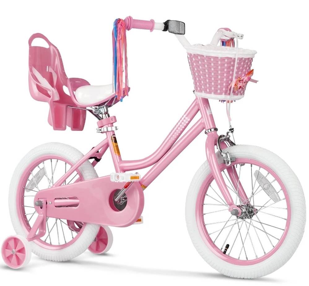 XJD Girls Bike for Toddlers 3-9 Years Old Kids, 16 Inch Kids Bike with Training Wheels, Streamers, Basket and Doll Seat, Children Bicycles with Handbrake