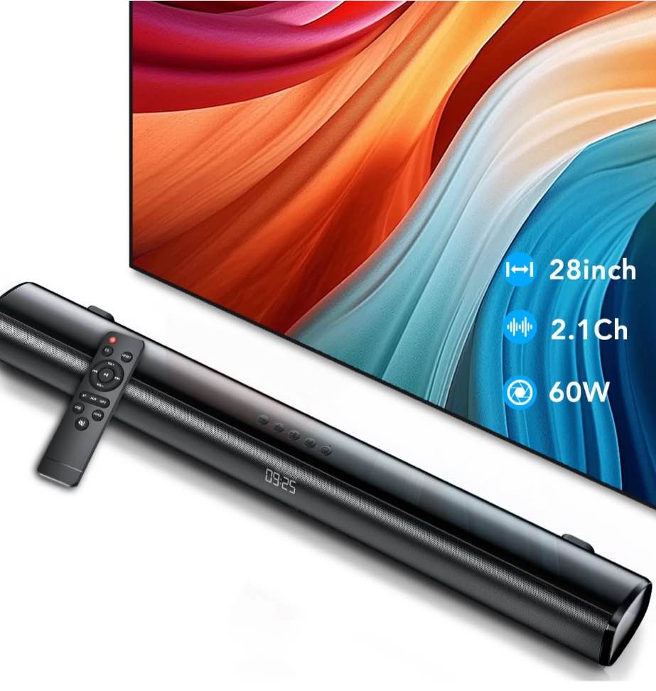 Sound Bar for TV, 60W Soundbar TV Speakers, 2.1 ch Home Theater with Subwoofer Boost, 3 Equalizer Modes, Soundbar for TV/PC/Gaming/Projectors, Bluetooth, OPT, COX, USB & AUX Wall Mountable
