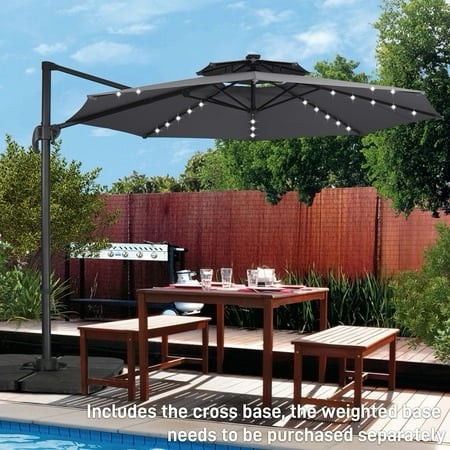 Autlaycil 10 FT Aluminum Offset Outdoor Cantilever Umbrella with 35 Solar Lights and 360-degree Rotation 2-Tier Patio Umbrella Grey