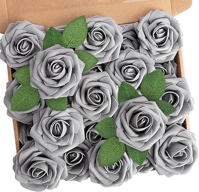 N&T NIETING Roses Artificial Flowers, 50pcs Fake Flowers Foam Roses for DIY Wedding Bridal Bouquet Baby Shower Party Cake Wall Decoration, Gray