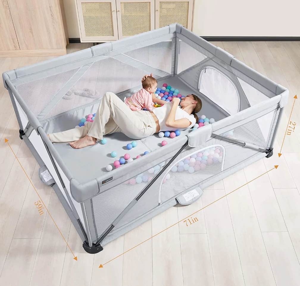 ANGELBLISS Baby Playpen, Foldable Playpen for Babies and Toddlers, Indoor & Outdoor Baby Activity Center with Visible Breathable Mesh, Portable Play Yard with 2 Handlers+50 Balls-50”×50”(Grey)