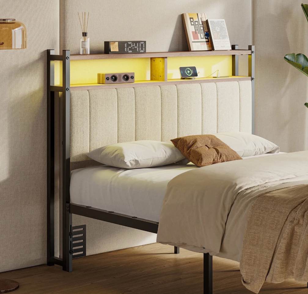 Pinmoco Upholstered Headboard for Full Bed with Storage, Linen Full Size Headboard Only with LED Light and Charging Station, Beige