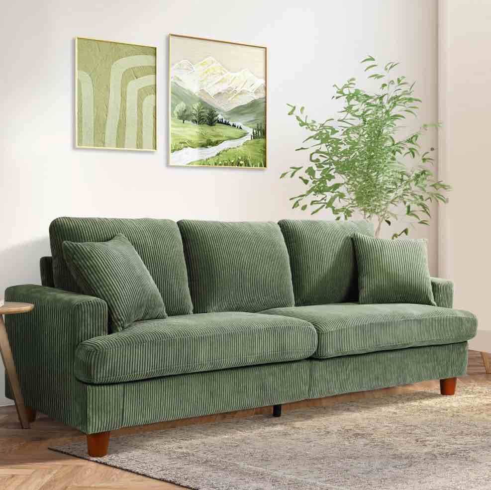87" Corduroy Sofa,3 Seater Sofa with Extra Deep Seats,Neche Comfy Upholstered Couch for Living Room,2 Pillows,Green